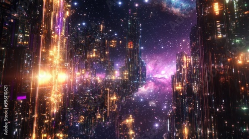 Futuristic Cityscape with Glowing Towers and Starry Nebula