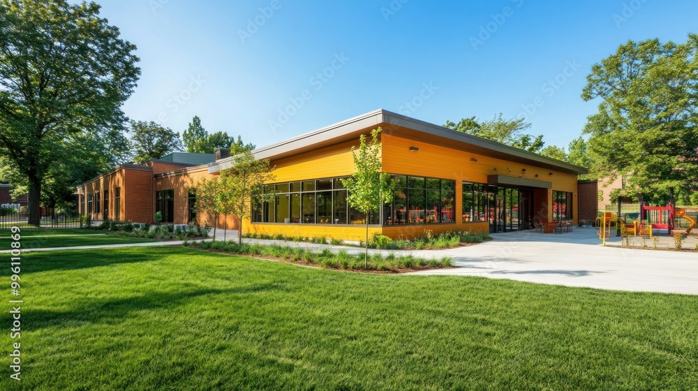 Modern Yellow School Building with Green Lawn and Playground Modern Yellow School Building with Green Lawn and Playground