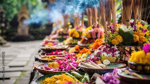 Traditional Balinese offerings laid out at Pura Taman Ayun, surrounded by colorful flowers and incense. photo