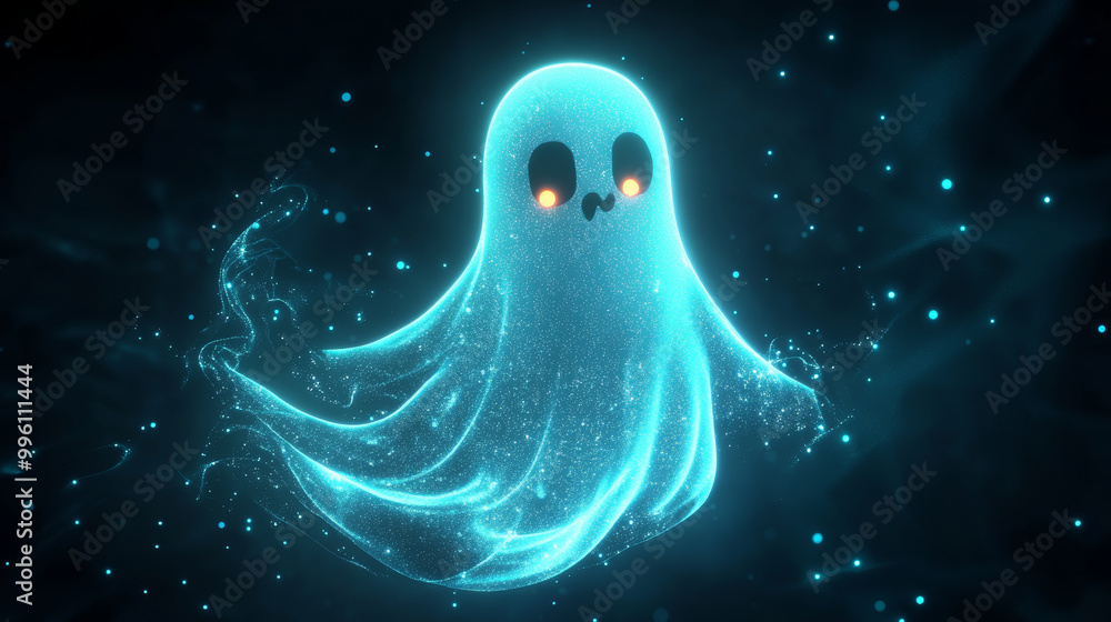 friendly ghost with glowing features floats against dark background, creating whimsical and enchanting atmosphere. Its soft glow and playful expression evoke sense of wonder and joy friendly ghost with glowing features floats against dark background, creating whimsical and enchanting atmosphere. Its soft glow and playful expression evoke sense of wonder and joy