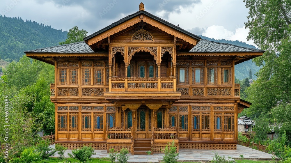 Traditional Kashmiri houses with wooden architecture and intricate designs, set against a lush, green landscape Traditional Kashmiri houses with wooden architecture and intricate designs, set against a lush, green landscape