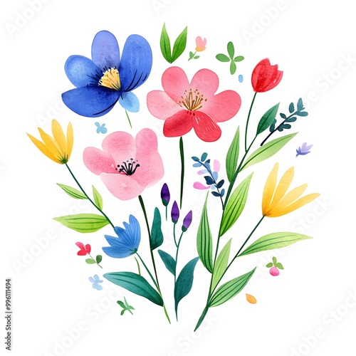 Wallpaper Mural Different different Cute spring flowers, clipart, watercolor illustration, simple clean line art, white background, colorful, Torontodigital.ca
