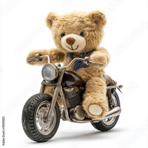 Teddy bear ride motorcycle on white background. generative AI