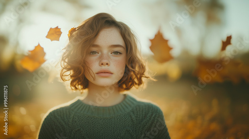 A young woman with red hair and freckles stands in a field of yellow leaves