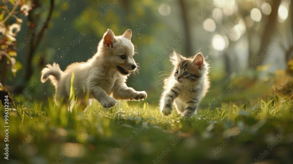A cute fluffy beige puppy and kitten playfully running in the park A cute fluffy beige puppy and kitten playfully running in the park