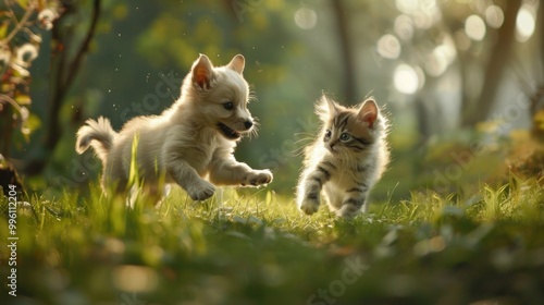 A cute fluffy beige puppy and kitten playfully running in the park