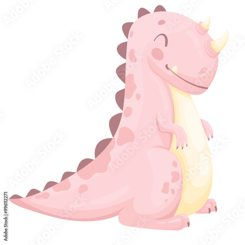 Cute pink baby dino with a horn on his nose isolated on a white background. The concept of dinosaur animals. Flat vector illustration on the theme of dinosaurs. cartoon animals.