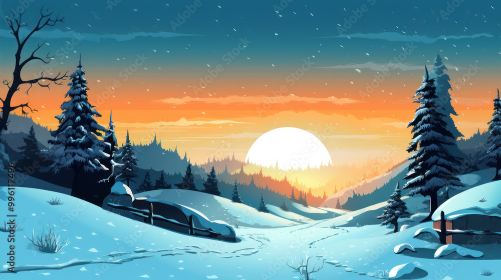 Naklejka premium Snowy Christmas landscape illustration