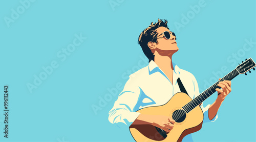 vector man with guitar on background sky .Generative AI