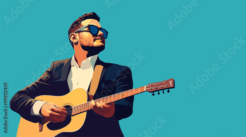 vector man with guitar on background sky .Generative AI