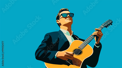 vector man with guitar on background sky .Generative AI