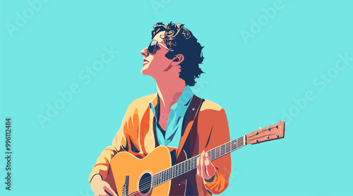 vector man with guitar on background sky .Generative AI