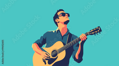 vector man with guitar on background sky .Generative AI
