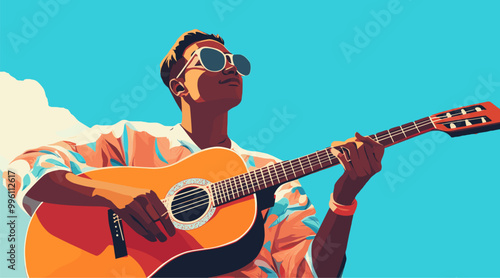 vector man with guitar on background sky .Generative AI