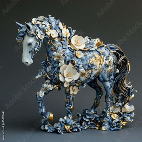 Blue and gold 3D floral sculpture with a horse 