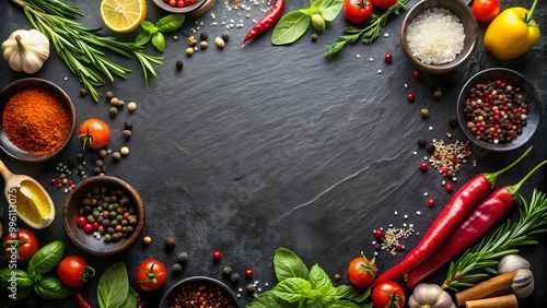 Wallpaper Mural Top view of a black stone cooking background with an assortment of spices and fresh vegetables, black stone, cooking Torontodigital.ca