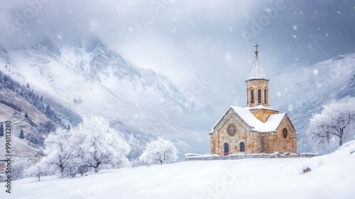 Wallpaper Mural Winter scene of Gergeti Trinity Church, blanketed in snow with the distant Caucasus mountains forming a picturesque winter wonderland. Torontodigital.ca