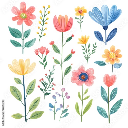Wallpaper Mural Different different Cute spring flowers, clipart, watercolor illustration, simple clean line art, white background, colorful, Torontodigital.ca