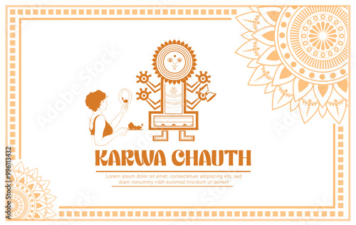 Illustration of woman doing Karwa chauth pooja, festival of India