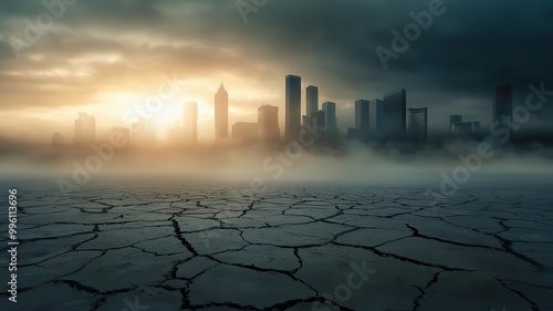 Sunken city submerged in dust, visualizing the extreme risk of water scarcity and drought, dystopian future, dramatic environmental art photo