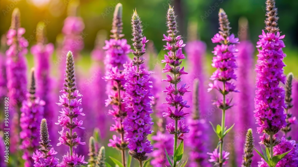Naklejka premium Purple loosestrife flowers are blooming in a field on a sunny summer day