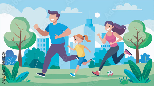 A happy family plays soccer in a city park, surrounded by greenery and urban buildings. The father leads, with the mother and daughter joyfully following, creating a cheerful scene.