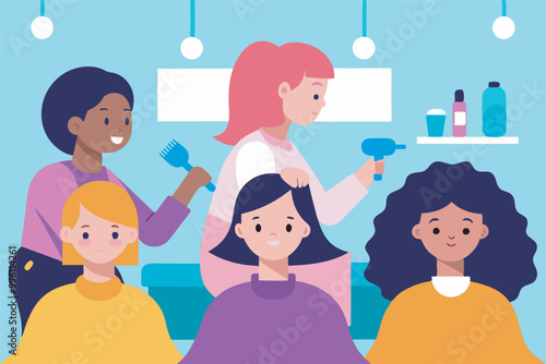 Illustration of two hairdressers styling hair of diverse clients in salon. Features vibrant setting with bottles, handbag, blue wall.