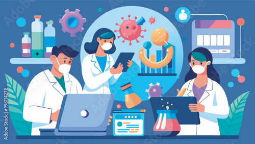 Illustration of researchers in a lab studying COVID-19. They wear lab gear, work on vaccines, use equipment, and medicine. Theme of efficient research emphasized.