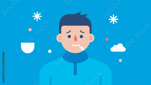 Cartoon man with blue skin in jacket looks sick with thermometer, mucus, symbols in cold atmosphere highlighting illness theme.