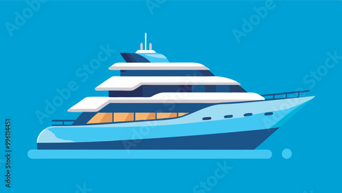 A luxury cruise ship with white and yellow decks floats peacefully on serene blue waters, evoking a sense of tranquility and leisurely travel.