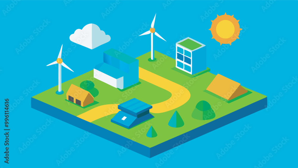 Stylized community scene with renewable energy elements: buildings, road, wind turbines, solar panels, greenery, toy train. Bright, cheerful feel in a contained community setting. Stylized community scene with renewable energy elements: buildings, road, wind turbines, solar panels, greenery, toy train. Bright, cheerful feel in a contained community setting.
