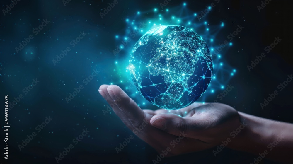 A hand holds an icon of the Earth with glowing blue digital connections A hand holds an icon of the Earth with glowing blue digital connections