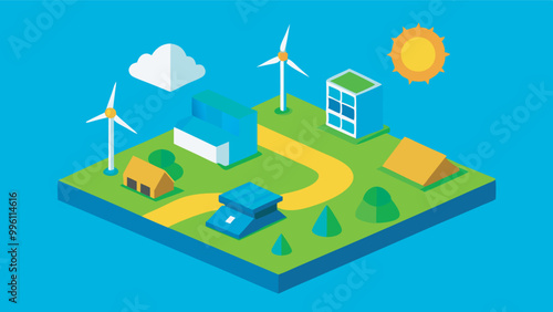 Stylized community scene with renewable energy elements: buildings, road, wind turbines, solar panels, greenery, toy train. Bright, cheerful feel in a contained community setting.