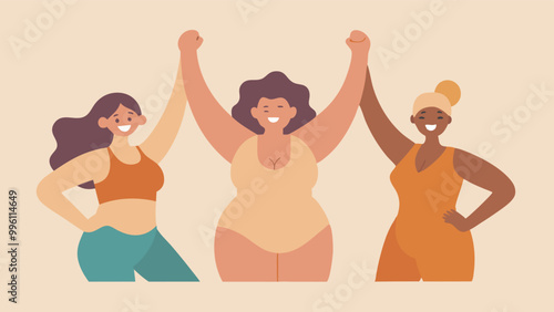 bodypositive. three different women celebrating with their arms raised, symbolizing body positivity and empowerment. They display different races, outfits and hairstyles  
