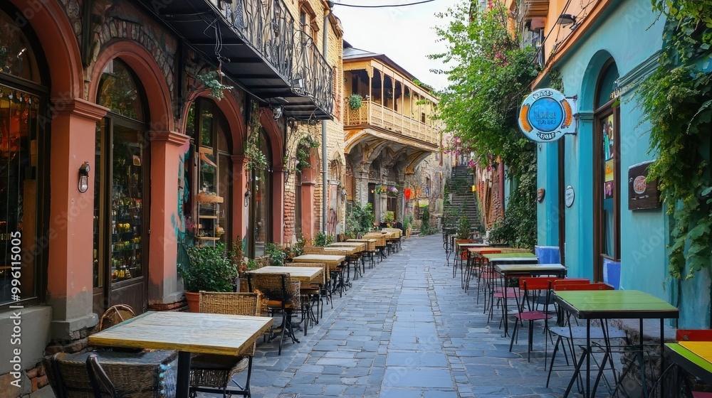 Fototapeta premium A charming ca-lined street in TbilisiOld Town, bustling with life, with traditional architecture and street art.