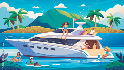 A lively group on a yacht near a tropical island, partying under the sun. Several in swimsuits, some in the water, others on deck with surfboards. Man at helm, enjoying the adventure 
