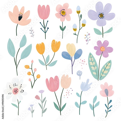 Many species of Cute spring flowers, clipart, watercolor illustration, simple clean line art, white background, colorful,