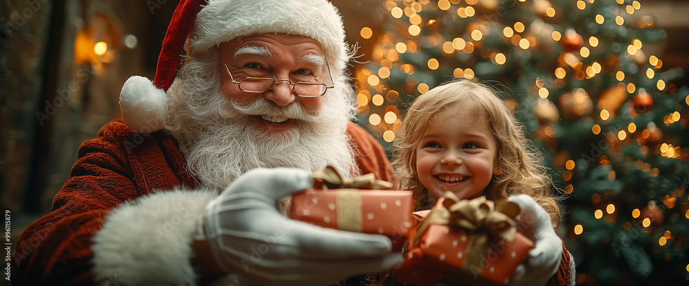 Old Santa Claus hands out gifts to children, a Christmas tree with lights in the background Old Santa Claus hands out gifts to children, a Christmas tree with lights in the background