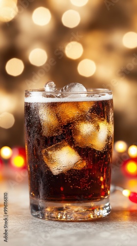 Cold soda with ice cubes, blurred festive background, refreshing drink.