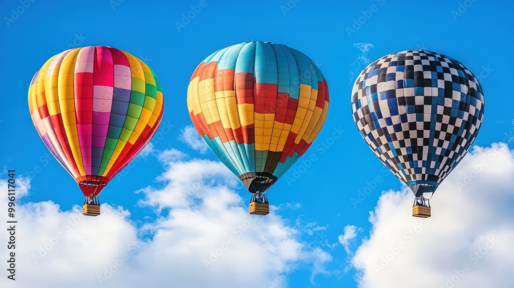 Three colorful hot air balloons flying in a clear blue sky with white fluffy clouds. Three colorful hot air balloons flying in a clear blue sky with white fluffy clouds.
