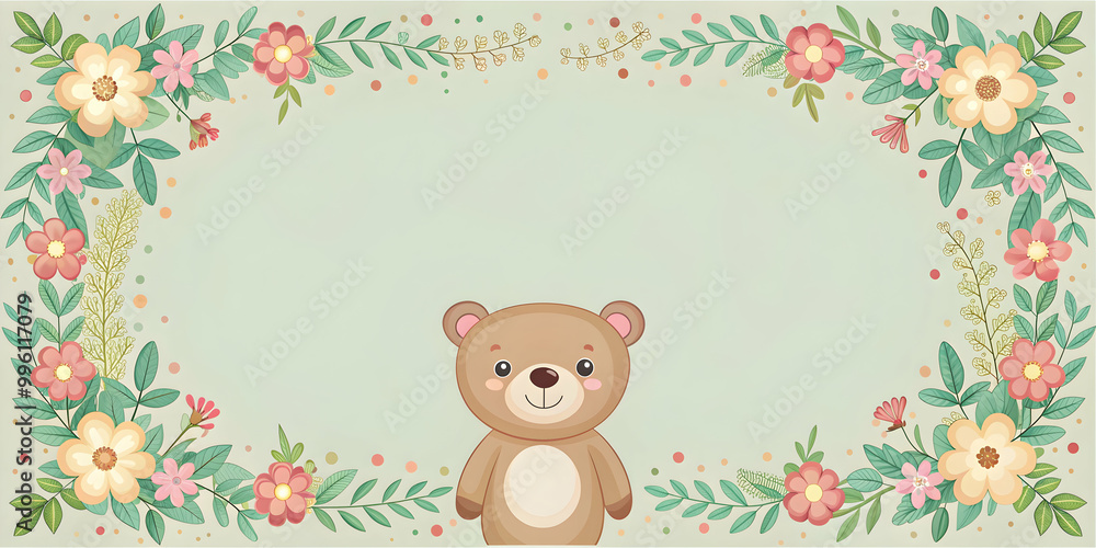 Fototapeta premium Holiday invitation and greeting card with a floral frame in pastel colors featuring a cute bear, holiday
