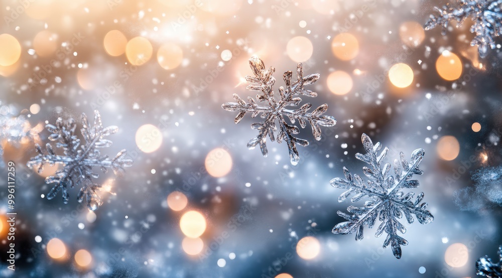 Soft winter background with large white snowflakes gently falling on a light blue backdrop. Soft winter background with large white snowflakes gently falling on a light blue backdrop.