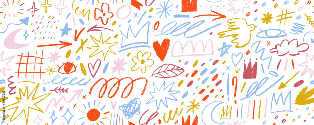Colorful crayon drawn doodles seamless pattern. Hand drawn childish wrapping paper with various doodle shapes. Colorful crayon drawn doodles seamless pattern. Hand drawn childish wrapping paper with various doodle shapes.