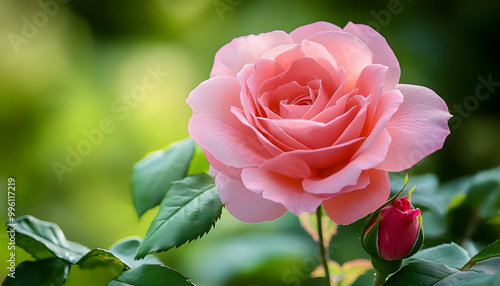 Fototapeta Naklejka Na Ścianę i Meble -  gardening french hybrid tea rose rose mme mailland rose peace on a green background on a summer day