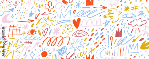 Colorful crayon drawn doodles seamless pattern. Hand drawn childish wrapping paper with various doodle shapes.