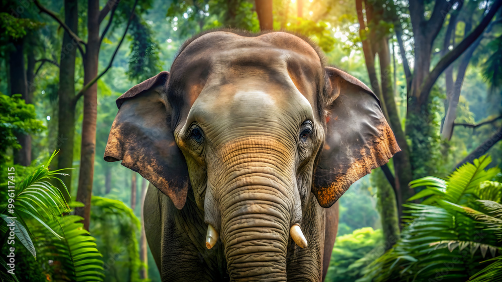 Fototapeta premium Majestic close-up of an Asian elephant in the forest, wildlife, endangered species, nature, conservation, majestic