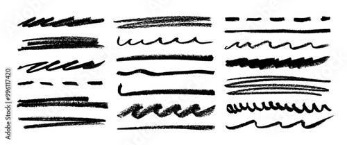 Charcoal or crayon rough underlines, rough straight lines, waves and squiggles. Hand drawn doodle vector graphic elements. Pencil drawn strips and rough highlighters. Horizontal emphasis strokes.