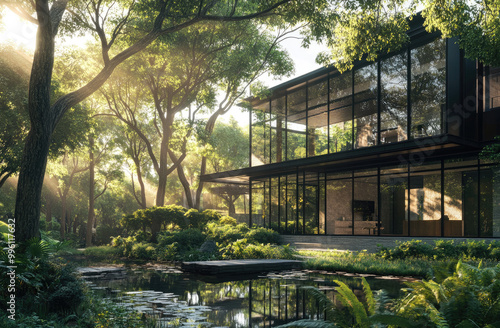 A modern glass house with black steel frames, surrounded by lush greenery and reflecting the surrounding nature. The structure is designed to capture natural light through large windows