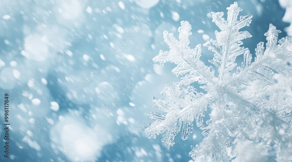 Soft winter background with large white snowflakes gently falling on a light blue backdrop. Soft winter background with large white snowflakes gently falling on a light blue backdrop.