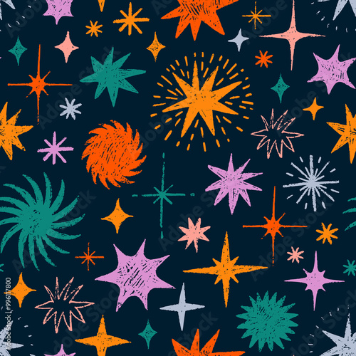Colored crayon drawn stars and sparkles seamless pattern. Hand drawn doodle style childish background.